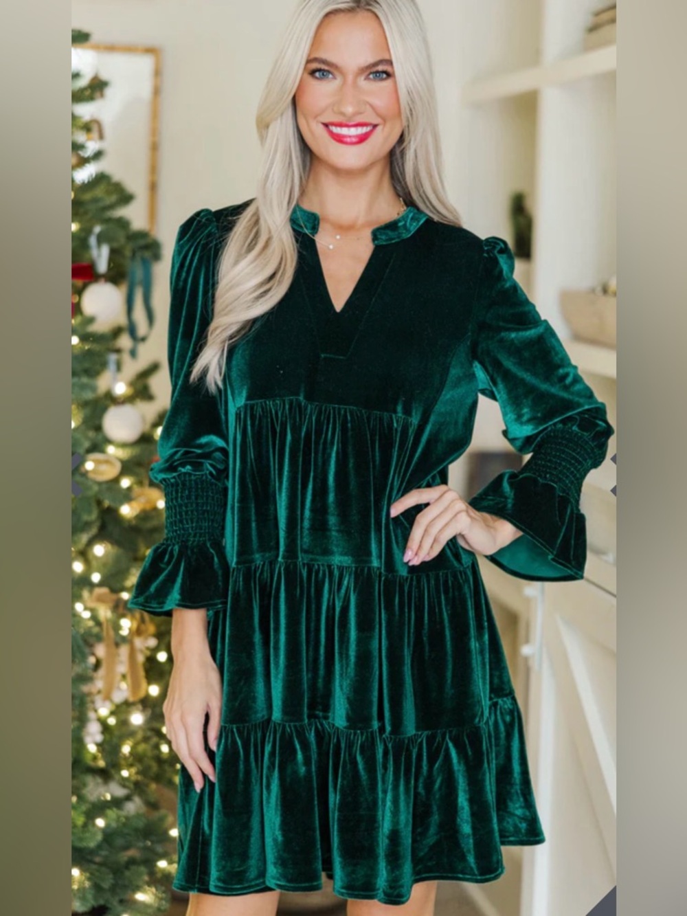 Shop the Mint Emerald Green Velvet Tiered Long-Sleeve Dress size Small # 1065